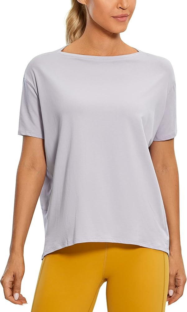 CRZ YOGA Women's Pima Cotton Short Sleeve Shirts Boat Neck Loose Fit Gym Workout T-Shirt Athletic... | Amazon (US)