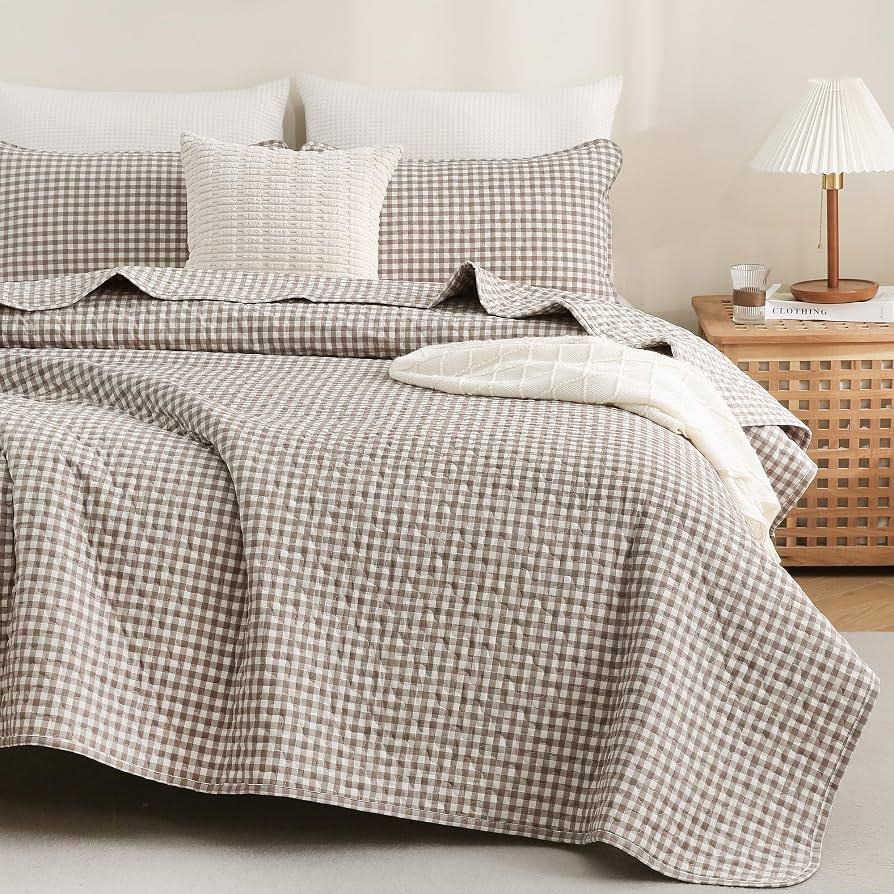 TOCOMOA Tan Gingham Quilt Bedding Set 100% Washed Cotton Bedspread Coverlet Like Linen Feel Soft ... | Amazon (US)