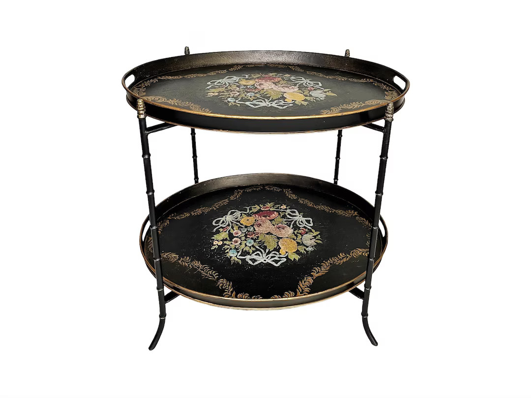 Vintage Floral Tole Trays Faux Bamboo Folding Stand - MCM Italian Two Black & Gold Oval Toleware ... | Etsy (US)