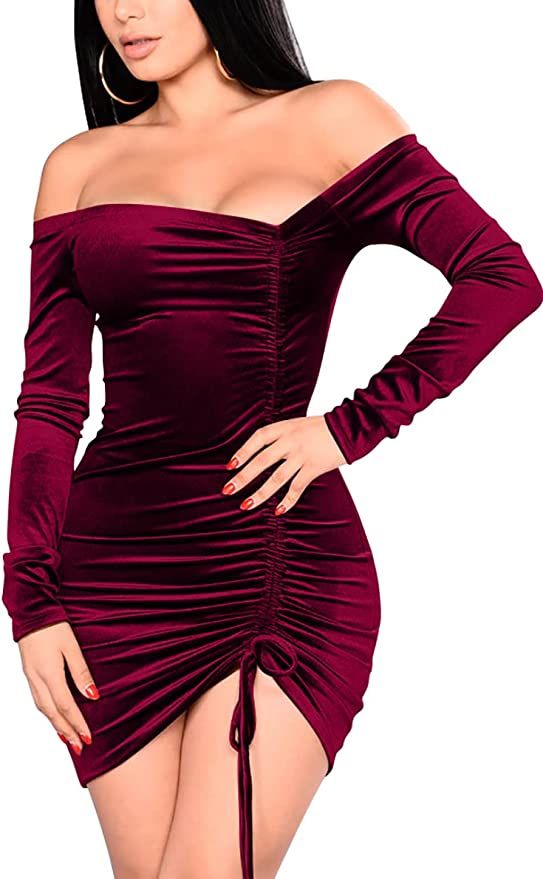 GOBLES Womens Velvet Bodycon Ruched Sexy Off Shoulder Bodycon Mini Club Dress | Amazon (US)