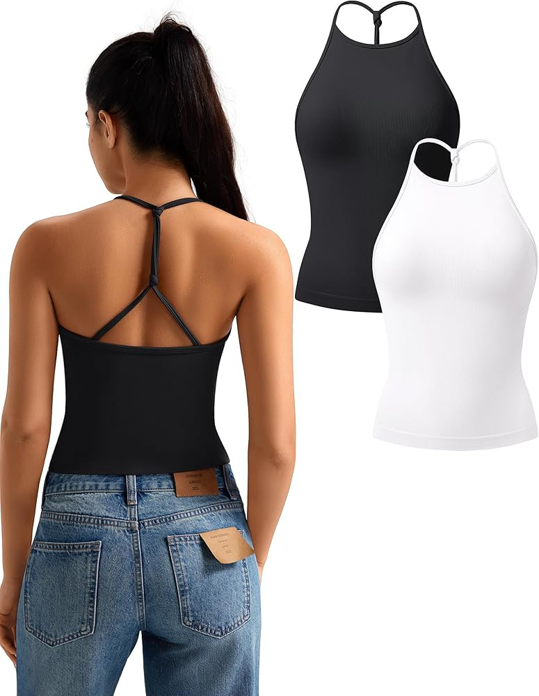TDIFFUN Women Crop Tank Tops 2 Piece High Neck Seamless Ribbed Sleeveless Racerback Summer Going Out Basic Casual Workout Top | Amazon (US)