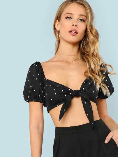 Polka Dot Puff Sleeve Tie Front Crop Top BLACK | SHEIN