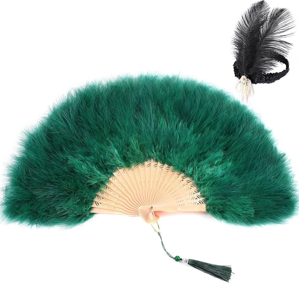 SOGUGOM Green Feather Fan with Headband - Renaissance Fan,Rave Fan,Hand Fan Foldable,Marabou Feat... | Amazon (US)