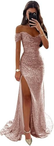 Plus Size Mermaid Prom Dresses for Women Dusty Pink Long Ball Gown Off Shoulder Sequin Formal Evening Gowns 16W | Amazon (US)