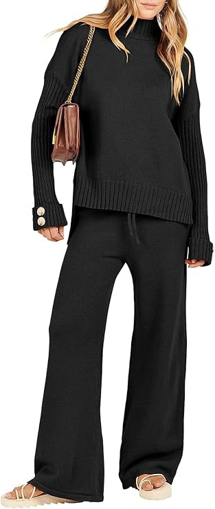 ANRABESS Women's 2 Piece Outfit Sweater Lounge Sets Long Sleeve Knit Pullover Wide Leg Pant Track... | Amazon (US)