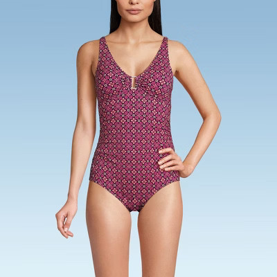 Lands' End Womens Chlorine Resistant V-Neck Hardware One Piece Swimsuit | Target