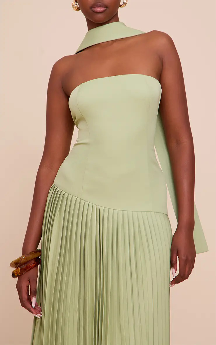 Sage Green Woven Asymmetric Pleated Maxi Dress | PrettyLittleThing UK