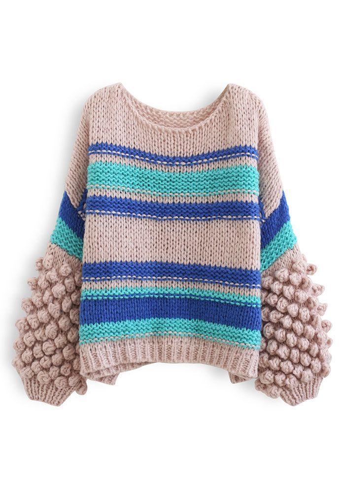 Pom-Pom Sleeve Hand-Knit Chunky Sweater | Chicwish
