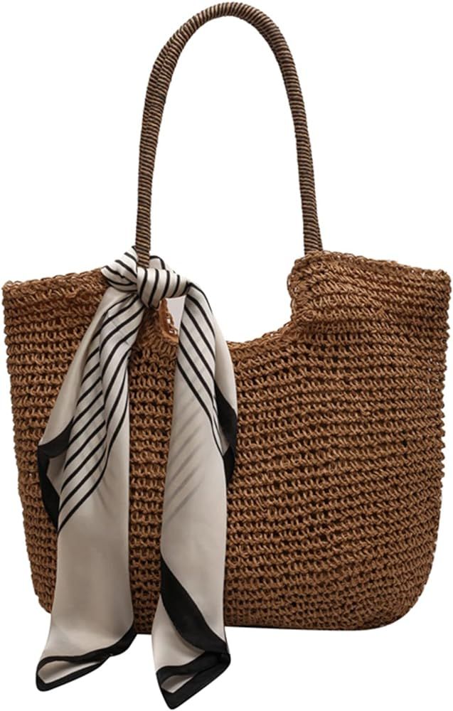Straw Beach Bag, Summer Woven Tote Bag with Silk Scarf Large Shoulder Handbag Straw Purses and Ha... | Amazon (US)