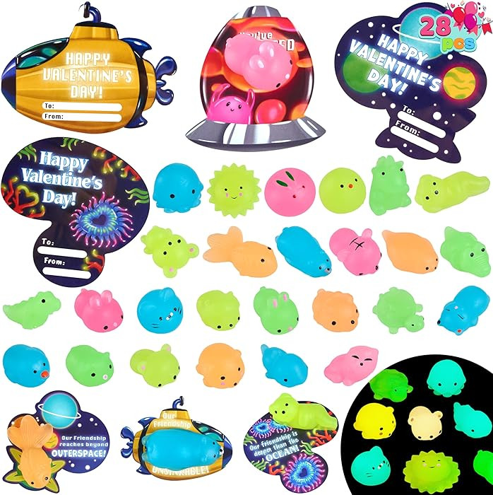 JOYIN 28 Packs Valentines Day Gift Cards with Mochi Squishy Toys, Glow in The Dark Mochis, Stress... | Amazon (US)
