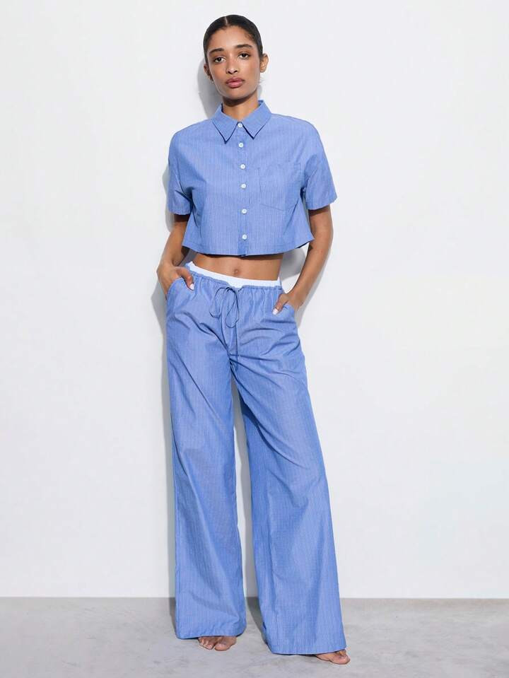 Maija Women's Summer Fashion Casual Contrast Color Elastic Waist Single-Breasted Short Sleeve Shirt And Wide Leg Pants Suit, 2 Piece Set | SHEIN