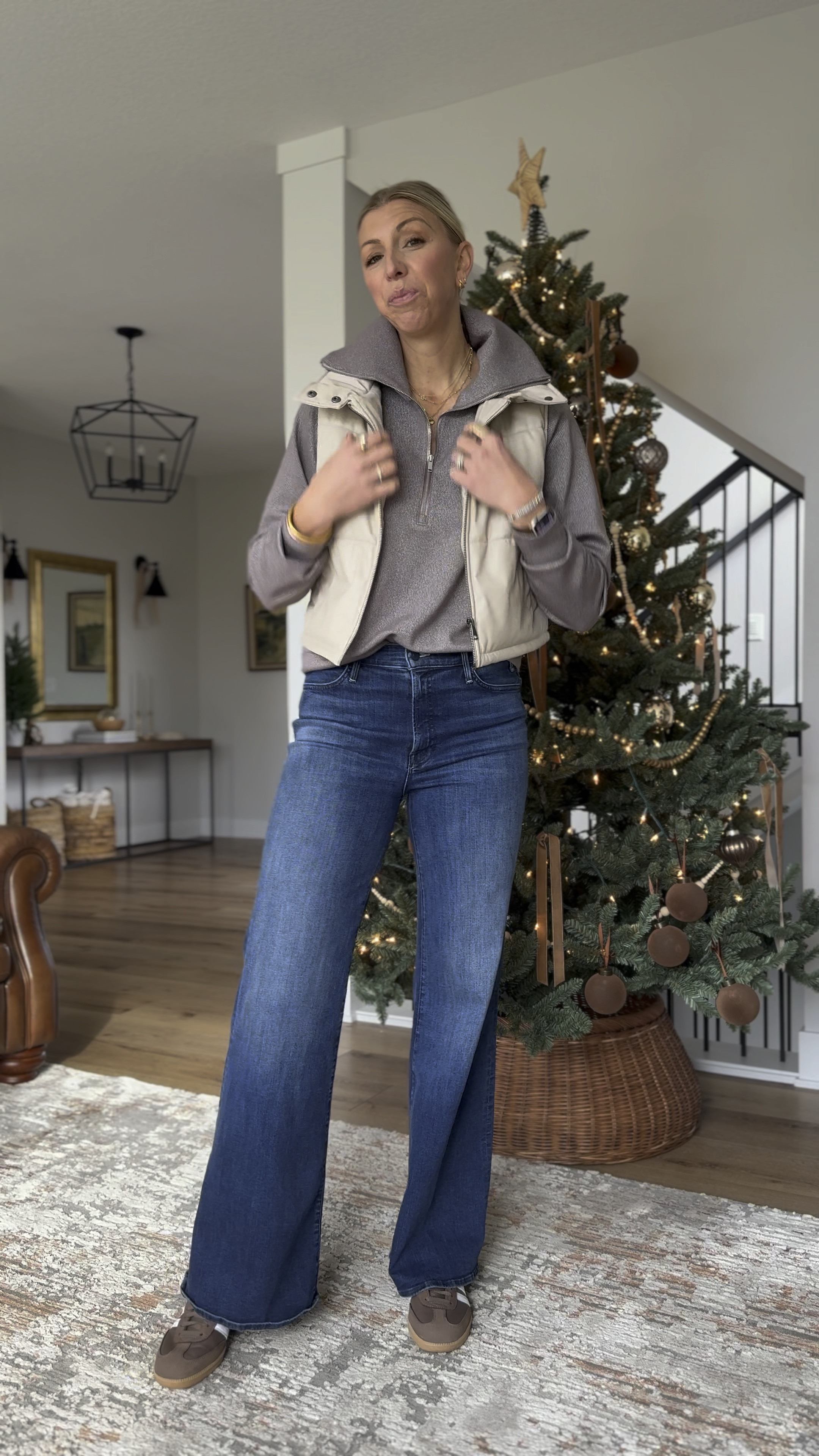 Casual chic holiday outfit with why like jeans, half sip sweater, the leather vest, sneakers

#LTKCyberWeek #LTKWatchNow #LTKHoliday