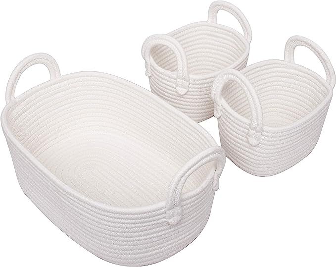 Woven Basket Set of 3 - White Rope Storage Baskets Small Nursery Baskets for Baby Kid Toys, Soft ... | Amazon (US)