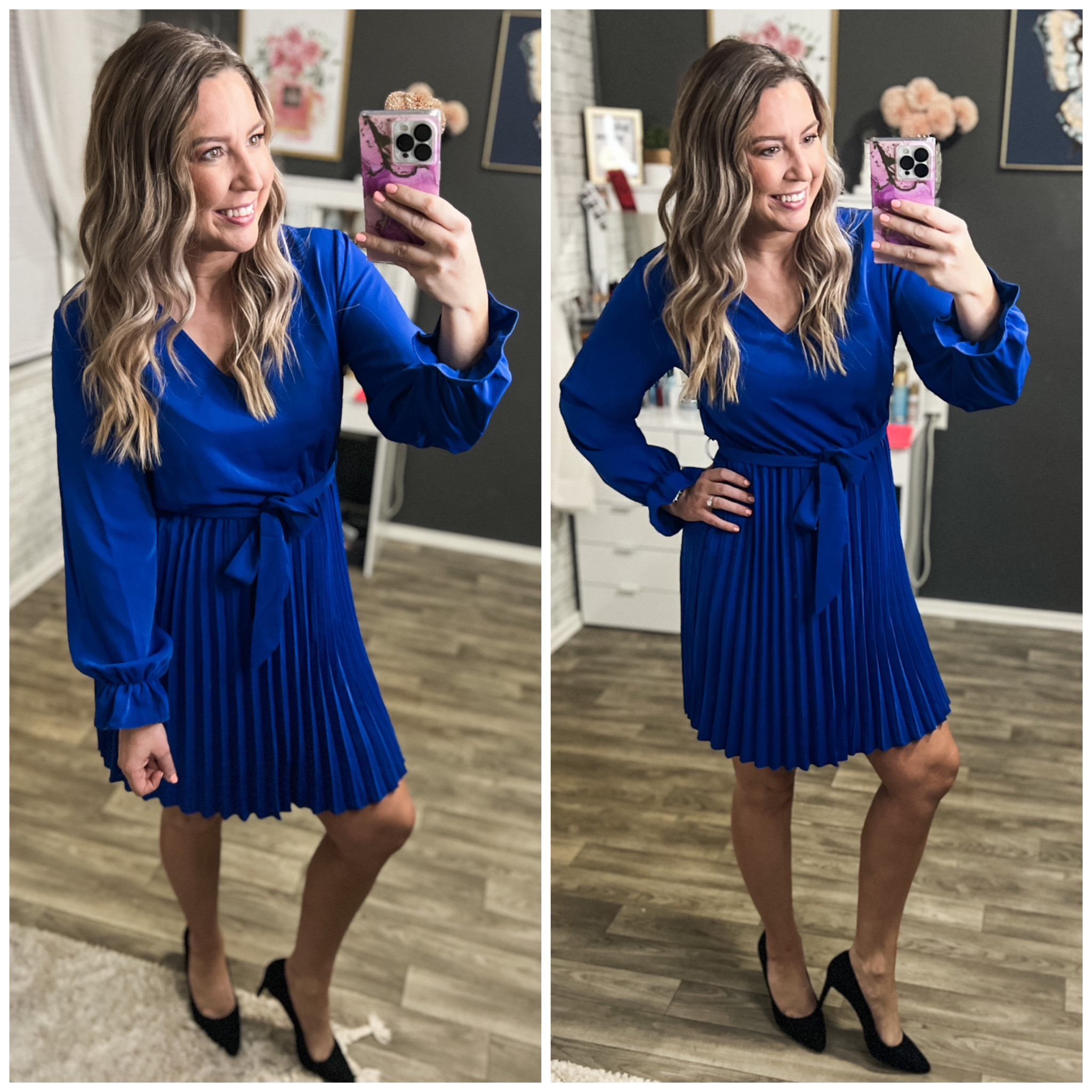 I feel this is a great business look for the office! The quality is amazing as always too since it’s from the Pretty Garden brand! It’s a v neck, but not too low cut, has a pleated bottom, and removable sash. Of course I grabbed the blue, but there’s other Spring like colors available too! True to size, I’m in the medium! 