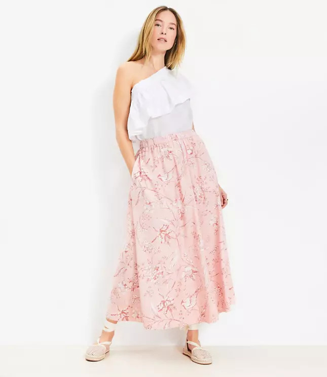 Bird Toile Poplin Pull On Maxi Pocket Skirt | LOFT