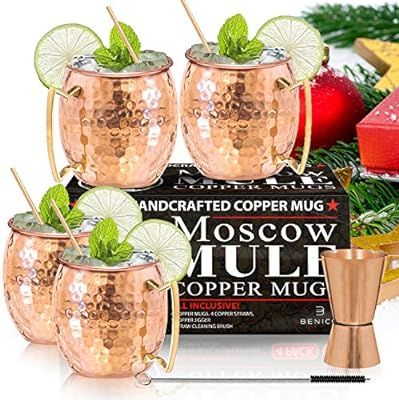Moscow Mule Copper Mugs - Set of 4-100% HANDCRAFTED - Food Safe Pure Solid Copper Mugs - 16 oz Gi... | Amazon (US)