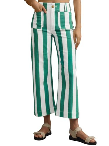 Tankaneo Womens Cropped Striped Jeans Casual High Waisted Stretchy Straight Leg Denim Pants with Pockets Green | Amazon (US)