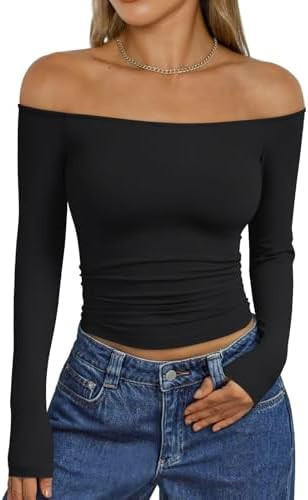 Trendy Queen Womens Long Sleeve Off The Shoulder Tops Going Out Cute Basic Y2K Fall Fashion 2026 ... | Amazon (US)