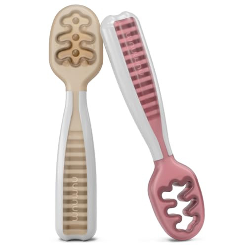 NumNum Baby Spoons Set, Pre-Spoon GOOtensils for Kids Aged 6+ Months - First Stage, Baby Led Weaning (BLW) Spoon - Self Feeding, Silicone Toddler Food Utensils - 2 Spoons, Beige/Mauve | Amazon (US)