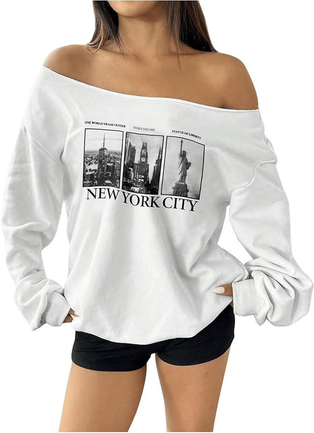 GORGLITTER Women's Graphic Off The Shoulder Sweatshirt Long Sleeve Preppy Pullover Tops | Amazon (US)