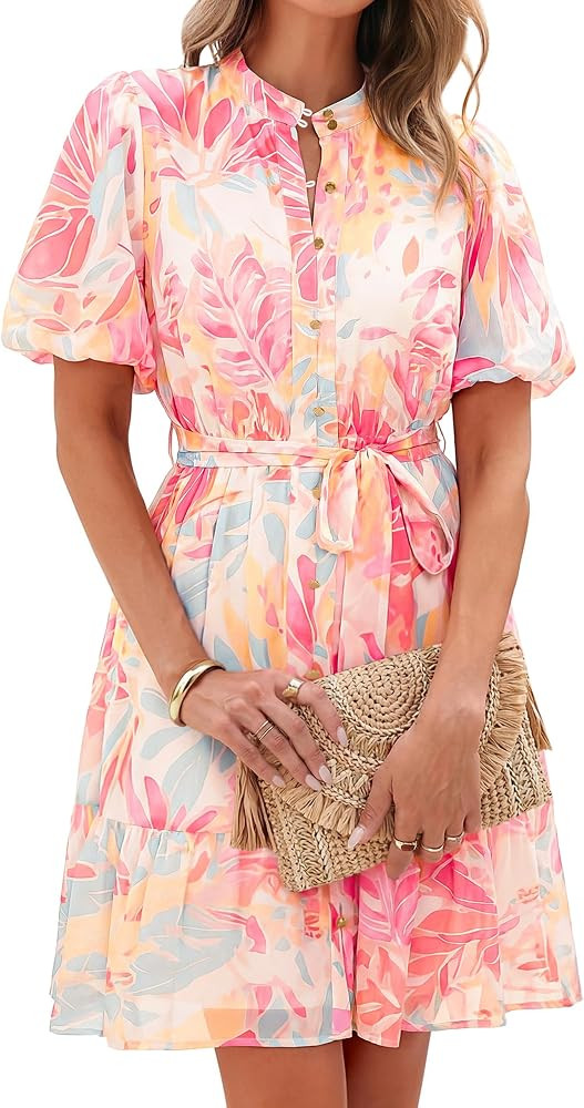 Simplee Womens Floral Short Summer Dresses Casual V Neck Button Down A-Line Tiered Ruffle Boho Mi... | Amazon (US)