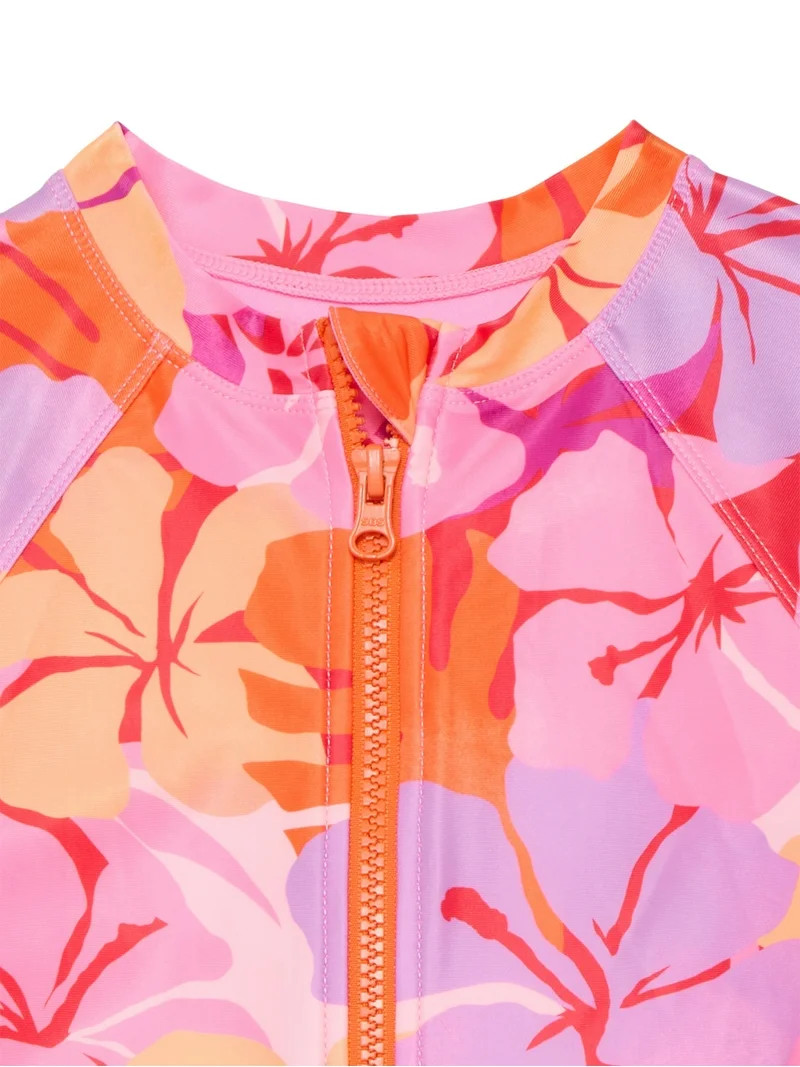 Wonder Nation Girls Zip Up Rash Guard One Piece Swimsuit with Long Sleeves, Sizes 4-16 | Walmart (US)