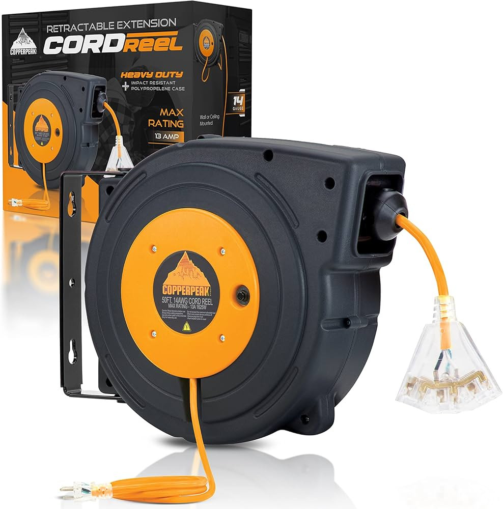 CopperPeak Tools Retractable Extension Cord Reel, 50 FT Heavy Duty Electric Power Cable, 14AWG/3C... | Amazon (US)