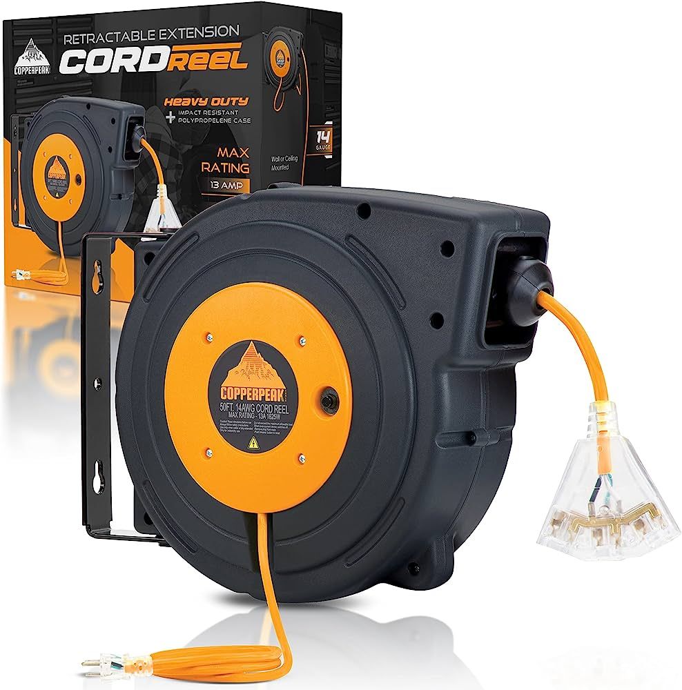 CopperPeak Tools Retractable Extension Cord Reel, 50 FT Heavy Duty Electric Power Cable, 14AWG/3C... | Amazon (US)