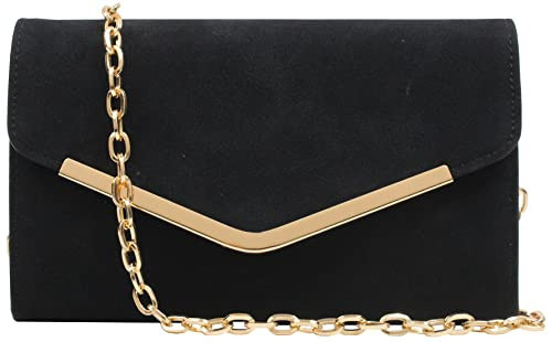Autumnwell Black Faux Suede Clutch Purse Evening Bag for Women，Envelope Handbag With Detachable Chain for Wedding and Party | Amazon (US)