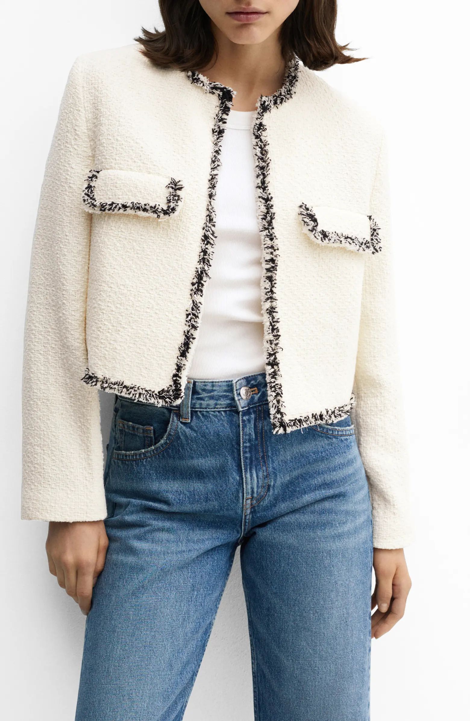 MANGO Cinta Open Front Crop Tweed Jacket | Nordstrom | Nordstrom