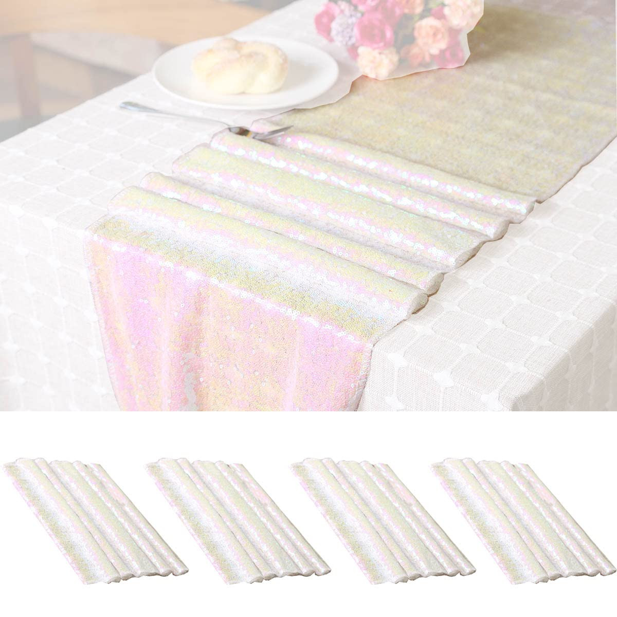 4 Pack Iridescent White Sequin Table Runner Glitter Table Runner-72 inches Long White Fabric Wedd... | Amazon (US)