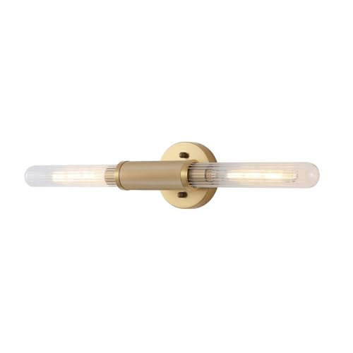 Gold Knurled Texture Wall Sconces 24" Modern Cylinder Bathroom Vanity Lights Fixtures with Clear Striped Glass Shade 2-Lights Indoor Wall Lighting for Living Room Bedroom Kitchen | Amazon (US)