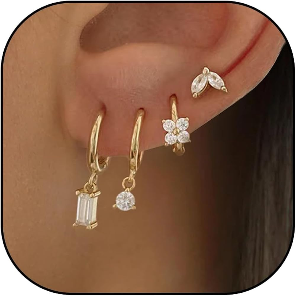 Gold Huggie Earrings Set for Women 14K Gold Plated Earring Sets for Multiple Piercing Rhinestone ... | Amazon (US)