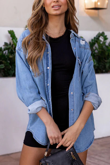 Kris Distressed Denim Button Snap Down Shacket | Shop Priceless