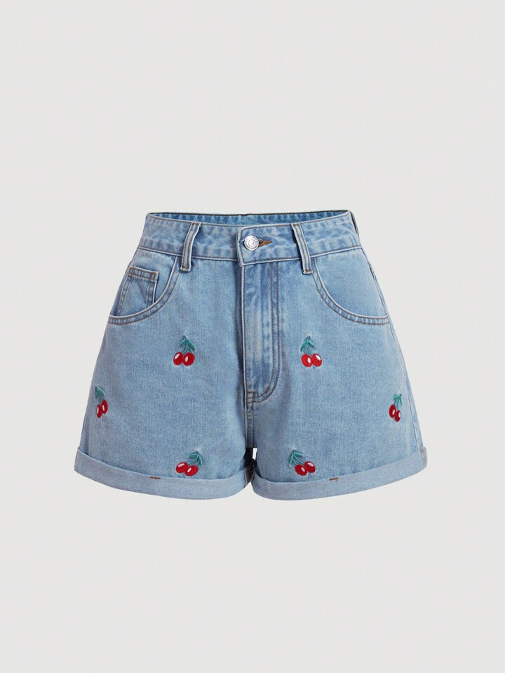 SHEIN MOD Y2K Women's Spring And Summer New Sweet Girl Strawberry Embroidery Pattern Pocket Casual Denim Shorts | SHEIN