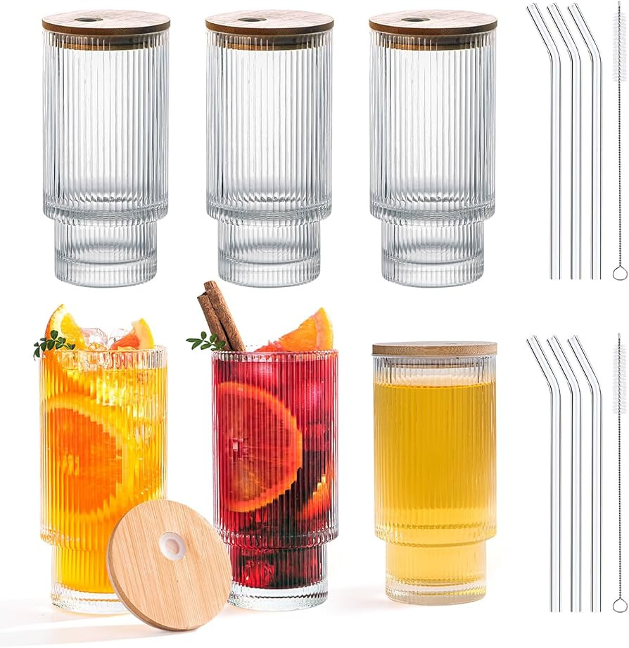 megarte Ribbed Glassware Glasses Cups - Set of 6 Aesthetic Glass with Bamboo Lids - 16 oz Fun Flu... | Amazon (US)