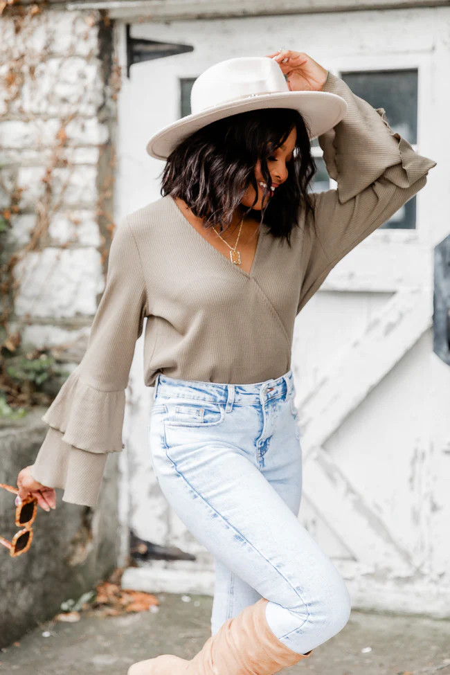 Feeling Good Olive Bell Sleeve Waffle Bodysuit | Pink Lily