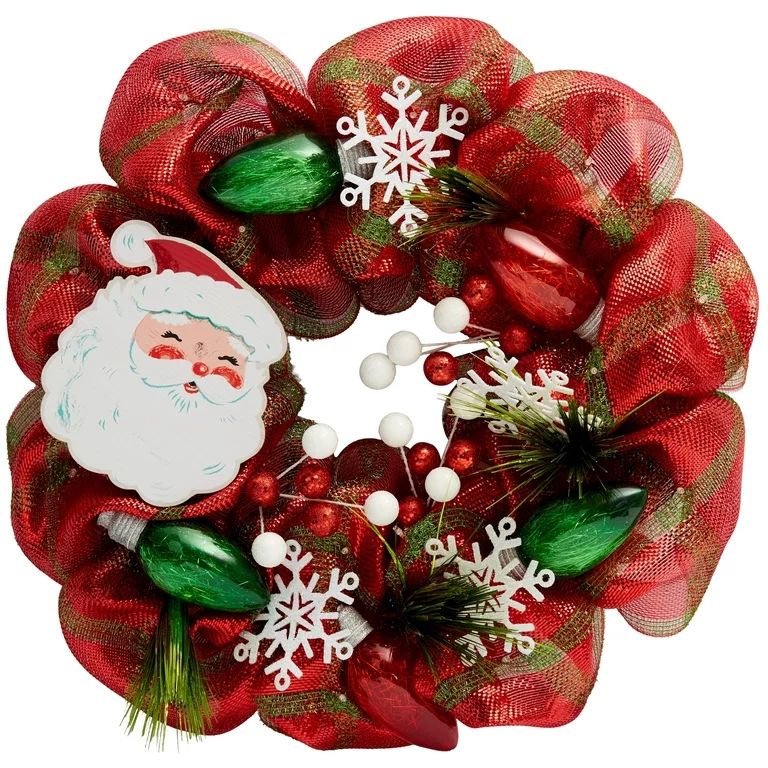 Holiday Time Prelit Red and Green Stripe Christmas Santa Mesh Wreath, 26-Inch | Walmart (US)