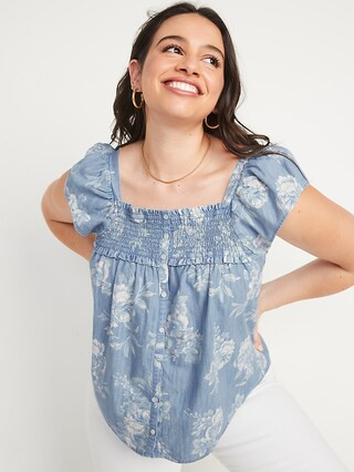 Smocked Square-Neck Floral Light-Wash Jean Top for Women | Old Navy (US)