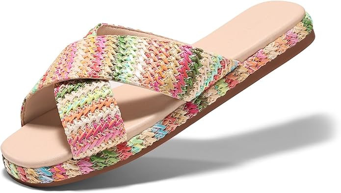 Coutgo Womens Flat Sandals Espadrilles Raffia Open Toe Slides Braided Slip On Summer Beach Shoes | Amazon (US)