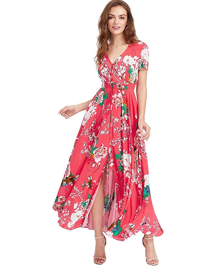 Milumia Women Floral Print Button Up Split Flowy Party Maxi Dress | Amazon (US)