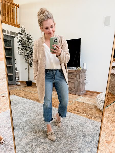 Cute mom outfit! Fall long jacket with wide leg Madewell jeans and white old navy blouse!

#LTKunder50 #LTKfit #LTKshoecrush