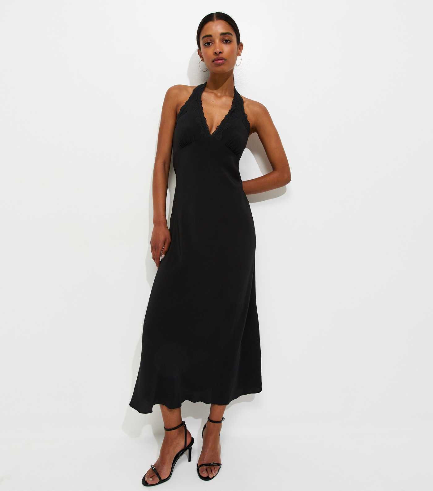 Black Halterneck Lace Trim Midi Dress | New Look | New Look (UK)