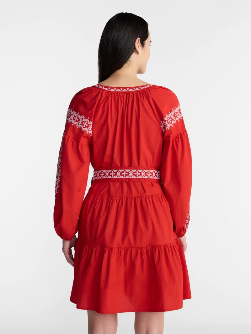 Time and Tru Women's Embroidered Cotton Mini Dress with Long Sleeves, Sizes XS-XXXL | Walmart (US)