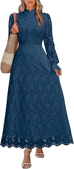 ANRABESS Wedding Guest Dresses for Women 2025 Fall Formal Long Sleeve Eyelet High Neck Elegant Cl... | Amazon (US)