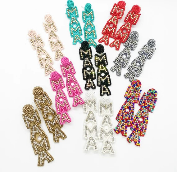 MAMA Dangle Beaded Earrings, Seed Bead Earrings, MAMA Earrings, Rhinestone Beaded Jewelry, Mom to... | Etsy (US)