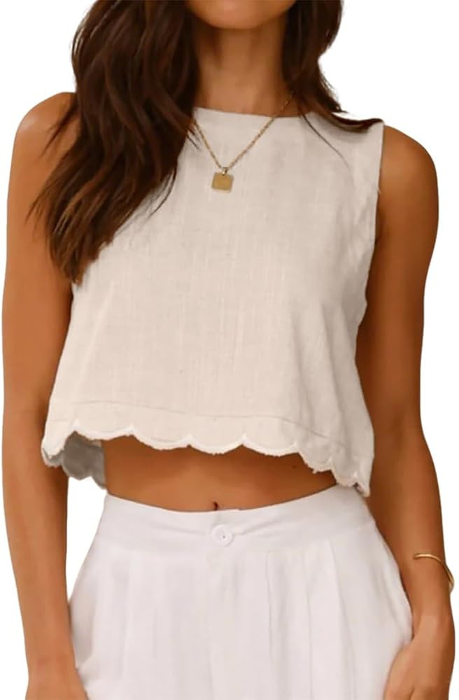 IDEALSANXUN Womens High Neck Linen Tank Tops Spring Summer Scallop Hem Cropped Sleeveless Shirts ... | Amazon (US)