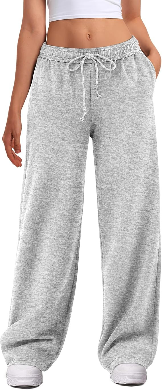 ATHMILE Women's Wide Leg Sweatpants High Waisted Baggy Interior Drawstring Joggers Straight Leg S... | Amazon (US)
