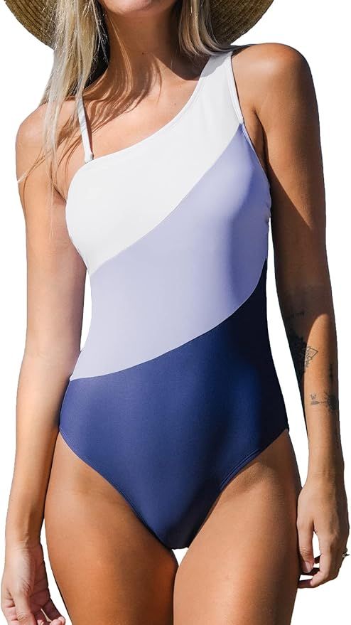 CUPSHE Women Color Contrast One Piece Swimsuit One Shoulder Cut Out Back Tummy Control Bathing Su... | Amazon (US)