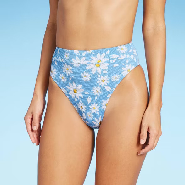 Juniors' Textured Cheeky High Leg High Waist Bikini Bottom - Xhilaration™ Light Blue Floral | Target